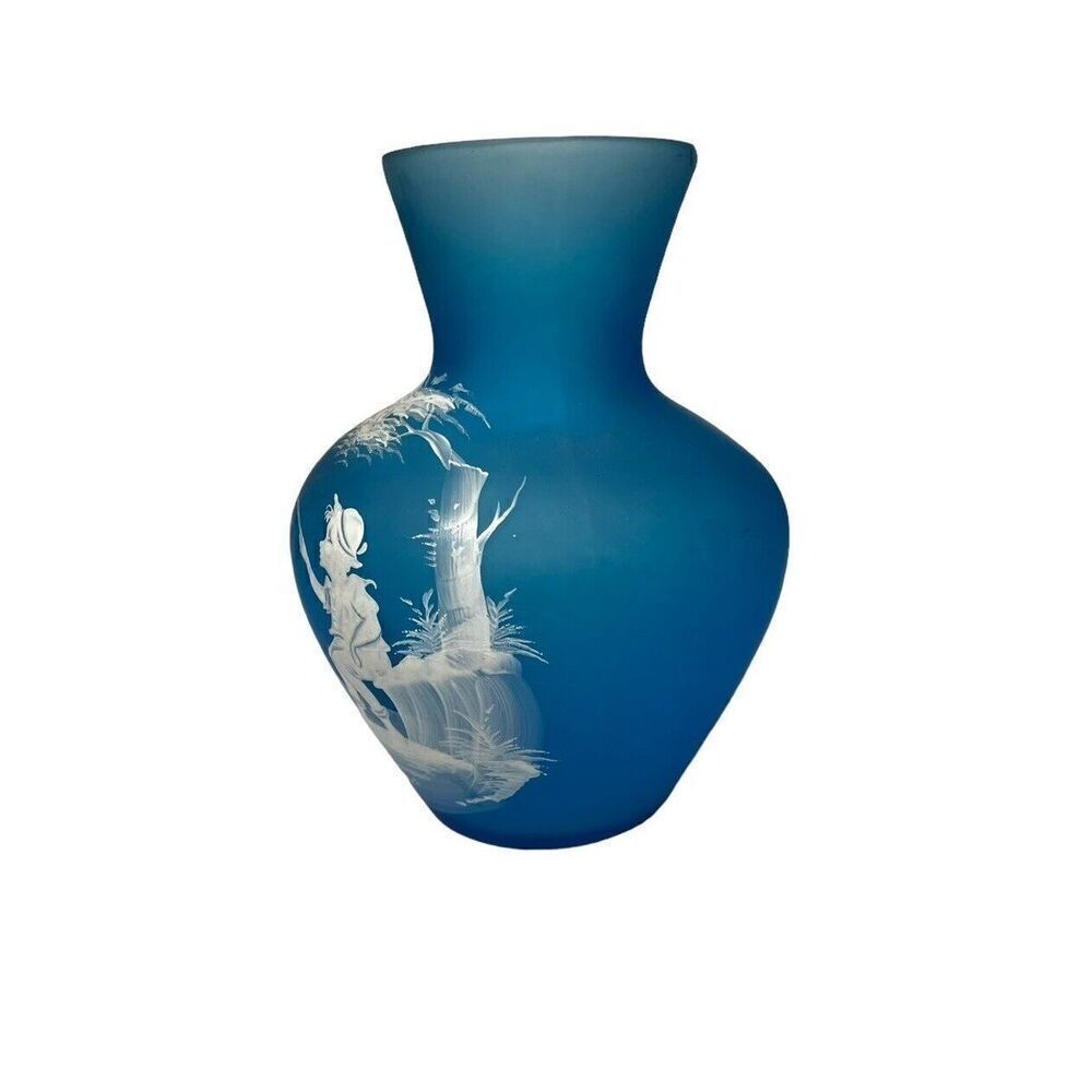 Westmorland Artist Signed 1971- Mary Gregory Vase Boy Fishing Blue Satin 7" tall - Picture 2 of 9